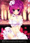  absurdres bare_shoulders between_legs blush braid breasts cherry_blossoms choker cleavage flower forest frills hair_flower hair_ornament hand_between_legs highres konno_kengo large_breasts light_smile long_hair looking_at_viewer midriff nature navel original petals pink_hair purple_eyes sarong scan sitting smile solo thighhighs translation_request white_legwear white_sarong 