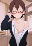  areola_slip areolae artist_name bare_shoulders blush breasts brown_hair cleavage closed_eyes glasses hair_tucking incoming_kiss indoors k-on! manabe_nodoka off_shoulder open_mouth red-framed_eyewear sakuragaoka_high_school_uniform school_uniform semi-rimless_eyewear short_hair small_breasts solo under-rim_eyewear upper_body yamasaki_wataru 