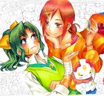  bandages bandaid bow bracelet candy_(smile_precure!) chin_rest closed_eyes collarbone flower green_eyes green_hair green_neckwear hair_bow heart hino_akane_(smile_precure!) jewelry long_hair long_sleeves lying midorikawa_nao multiple_girls necktie nobita on_back on_stomach orange_shirt partially_colored pink_bow ponytail precure red_eyes red_hair school_uniform shirt smile_precure! vest 