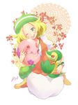  ;d bag bel_(pokemon) beret blonde_hair flower gen_5_pokemon green_eyes happy hat holding munna nanatsu_maka one_eye_closed open_mouth pantyhose pokemon pokemon_(creature) pokemon_(game) pokemon_bw short_hair shoulder_bag smile snivy 