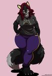  amber_(deonwolf) anthro big_breasts black_nose breasts canine chubby claws clothed clothing deonwolf dressed eyewear female fluffy_tail fox glasses hair hand_on_hip long_hair mammal pants purple_eyes red_hair shirt solo thick_thighs thighs toe_claws wide_hips 