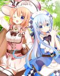  2girls ;d animal animal_ears arm_up bangs bell belt belt_buckle blue_eyes blue_hair blush breasts brown_belt brown_legwear buckle bunny bunny_ears center_frills character_hat closed_mouth commentary_request day detached_collar eyebrows_visible_through_hair frills gochuumon_wa_usagi_desu_ka? hair_between_eyes hair_ornament hands_up hat highres hoto_cocoa jingle_bell kafuu_chino long_hair long_sleeves multiple_girls one_eye_closed open_mouth outdoors own_hands_together pink_hat puffy_shorts ryoutan shirt short_shorts shorts small_breasts smile thighhighs tippy_(gochiusa) underbust very_long_hair white_collar white_shirt white_shorts x_hair_ornament 