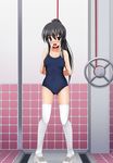  arms_behind_back bad_id bad_pixiv_id bangs bdsm black_hair blue_eyes drain_(object) eto highres long_hair navel one-piece_swimsuit open_mouth original ponytail rope school_swimsuit shoes sneakers solo strangling swimsuit thighhighs tile_floor tiles white_legwear 