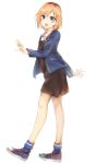  1girl blue_eyes blue_jacket blue_legwear brown_hair collarbone commentary_request full_body highres jacket medium_hair miyamori_aoi open_clothes open_jacket open_mouth shirobako shirt shoes simple_background skirt smile sneakers solo standing tahita1874 white_background 