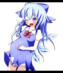  ;d bangs blue_bow blue_dress blue_eyes blue_hair blush bow breasts cirno collarbone collared_shirt commentary_request dress eyebrows_visible_through_hair fang hair_between_eyes hair_bow hand_on_own_stomach head_tilt ice ice_wings letterboxed makuran older one_eye_closed open_mouth pregnant puffy_short_sleeves puffy_sleeves shirt short_sleeves simple_background small_breasts smile solo touhou white_background white_shirt wings 