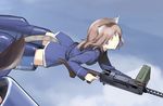  animal_ears blue blue_eyes brown_hair cat_ears cat_tail cecilia_e_harris flying from_above gun jacket machine_gun magazine_(weapon) military military_jacket military_uniform no_pants shimada_fumikane sky solo striker_unit tail uniform weapon world_witches_series 