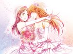  blue_eyes bouquet bridal_veil brown_hair dress elbow_gloves flower gloves green_eyes highres houjou_hibiki hug isya minamino_kanade multiple_girls precure suite_precure tiara veil wedding_dress wife_and_wife yuri 