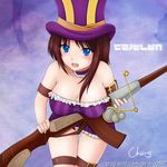 absurdres bare_shoulders belt blue_eyes blush breasts brown_hair caitlyn_(league_of_legends) character_name cheng cleavage collar frills gun hat highres large_breasts league_of_legends open_mouth rifle shirt signature solo taut_clothes taut_shirt thigh_gap weapon 
