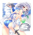  akairo_no_mako apron ass bad_perspective bangs bare_back bikini blue_bikini blush border bow braid breasts butt_crack cameltoe collarbone cup drink drinking_glass drinking_straw frilled_apron frills from_below glass goblet hair_between_eyes hair_over_shoulder halterneck highres holding holding_tray holster ice ice_cube izayoi_sakuya juice knife leaning_forward looking_at_viewer looking_back maid maid_headdress medium_breasts napkin open_mouth outside_border red_eyes short_hair shoulder_blades sideboob silver_hair solo sweat swimsuit thigh_holster thigh_strap touhou tray twin_braids umbrella waist_apron white_border 