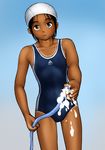  1girl adidas black_hair brown_eyes dark_skin hose sandansu smile swim_cap swimsuit tan tanline water 