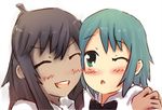  2girls amputee black_hair blue_hair blush hug katawa_shoujo long_hair lowres miura_miki multiple_girls short_hair suzuki_suzu 