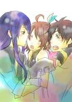  1girl 2boys ahoge bare_shoulders black_hair breasts brown_hair coat eyes_closed feathers green_eyes grey_eyes long_hair lowres multiple_boys nan open_mouth purple_hair raven raven_(tov) short_hair tales_of_(series) tales_of_vesperia yuri_lowell 