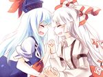  blue_dress blush bow closed_eyes dress fujiwara_no_mokou hair_bow hair_ribbon hat holding_hands kamishirasawa_keine lilith_(lilithchan) long_hair long_sleeves multiple_girls neckerchief ofuda open_mouth pants ribbon shirt short_sleeves silver_hair smile suspenders touhou 