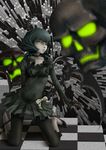  absurdres black_hair black_rock_shooter dead_master green_eyes highres horns long_hair pi_(pppppchang) scythe skull smile solo 