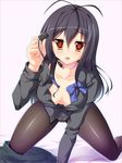  accel_world antenna_hair bad_id bad_pixiv_id black_hair breasts brown_eyes cleavage collarbone downblouse kuroyukihime long_hair medium_breasts open_clothes open_shirt panties panties_under_pantyhose pantyhose runa7 shirt skirt skirt_around_one_leg skirt_removed solo striped striped_panties underwear 