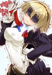  aegis_(persona) android blindfold blonde_hair facing_viewer highres persona persona_3 ribbon saliva school_uniform segami_daisuke short_hair skirt smile solo tears translation_request trembling undressing wet zipper 