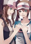  baseball_cap brown_hair double_bun friends green_eyes hat mei_(pokemon) multiple_girls open_mouth pokemon pokemon_(game) pokemon_bw pokemon_bw2 ponytail raglan_sleeves ribbon touko_(pokemon) tsukioka_tsukiho twintails vest visor_cap 