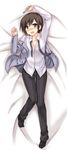  androgynous bad_id bad_pixiv_id blush brown_hair dakimakura fork full_body haiyore!_nyaruko-san holding holding_fork lying male_focus on_back peach_(momozen) silver_eyes solo undone_necktie yasaka_mahiro 