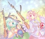  aqua_hair bayonet blouse em_s eyeball eyelashes gun hairband hat hat_ribbon heart highres komeiji_koishi komeiji_satori looking_at_viewer multiple_girls one_eye_closed pink_hair ribbon rifle short_hair siblings sisters submachine_gun third_eye touhou type_100 weapon 