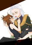  1boy 1girl brown_hair green_eyes nan tales_of_(series) tales_of_vesperia tison white_hair yellow_eyes 