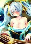  bad_id bad_pixiv_id bare_shoulders blue_hair breasts cleavage hair_over_one_eye harp instrument jinichu large_breasts league_of_legends long_hair smile solo sona_buvelle twintails yellow_eyes 