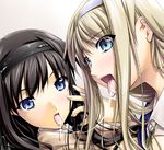  amagami black_hair blonde_hair blue_eyes blush hairband incest kibito_high_school_uniform long_hair morishima_haruka morishima_jessica multiple_girls saliva saliva_trail school_uniform soyosoyo tongue tongue_out yuri 