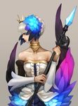  absurdres armor armored_dress brown_eyes crown dress feathers gd_choco gwendolyn highres multicolored multicolored_wings odin_sphere silver_hair solo strapless strapless_dress wings 