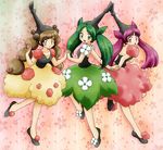  brown_hair chikorita85 collarbone dress finger_to_mouth flower full_body gen_4_pokemon green_hair happy holding_hands long_hair looking_at_viewer multiple_girls personification pink_hair pokemon shoes shushing wormadam 