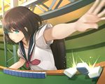  aqua_eyes brown_hair error glowing glowing_eyes hitoto mahjong mahjong_tile onjouji_toki outstretched_arm saki saki_achiga-hen school_uniform senriyama_school_uniform serafuku short_hair solo sweatdrop 