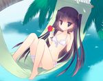  bikini black_hair glass hammock holding inu_x_boku_ss long_hair lying navel on_back purple_eyes shadow shirakiin_ririchiyo side-tie_bikini solo sumii swimsuit two_side_up 