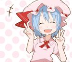  blue_hair blush closed_eyes hat hat_ribbon ladfa open_mouth remilia_scarlet ribbon smile solo touhou 