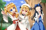  ascot black_hair blonde_hair blue_eyes bow closed_eyes drill_hair hat highres long_hair luna_child multiple_girls ponytail red_eyes sakura_yuuya star_sapphire sunny_milk touhou 