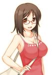  bag between_breasts breasts brown_eyes brown_hair cleavage collarbone copyright_request glasses handbag ikujitto large_breasts short_hair sleeveless solo strap_cleavage 
