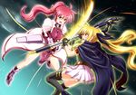  axe battle black_gloves black_legwear black_ribbon blonde_hair blue_eyes breasts brown_eyes cape clash diesel-turbo duel eye_contact fate_testarossa fingerless_gloves gloves hair_ribbon high_ponytail holding holding_sword holding_weapon katana long_hair looking_at_another lyrical_nanoha mahou_shoujo_lyrical_nanoha mahou_shoujo_lyrical_nanoha_a's mahou_shoujo_lyrical_nanoha_the_movie_2nd_a's medium_breasts multiple_girls open_mouth pleated_skirt ponytail red_eyes ribbon signum skirt sword thighhighs twintails weapon yellow_ribbon 