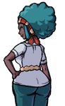  afro aloe_(pokemon) ass belt breasts dark_skin drawfag from_behind green_hair gym_leader hand_on_hip headband medium_breasts pokemon pokemon_(game) pokemon_bw short_sleeves solo very_dark_skin wide_hips 