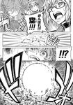  3girls battle blank_eyes choker comic electricity frills glasses greyscale highres insyu kirisame_marisa long_hair monochrome morichika_rinnosuke multiple_girls open_mouth reiuji_utsuho remilia_scarlet short_hair sweatdrop third_eye touhou translated 