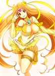  adapted_costume bow breasts brooch choker circlet cure_muse_(yellow) detached_sleeves hair_bow heart jewelry large_breasts leg_garter long_hair magical_girl midriff nmty older orange_hair panties pink_eyes precure see-through shirabe_ako smile solo standing standing_on_one_leg suite_precure twintails underwear white_background yellow yellow_bow yellow_choker yellow_panties 