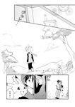  1girl comic greyscale jacket long_sleeves monochrome outdoors pants pika_(pokemon) plant pokemon pokemon_special red_(pokemon) short_hair sky tree unagi_(kobucha_blaster) walking yellow_(pokemon) 