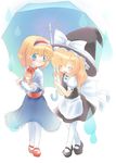  alice_margatroid blonde_hair blue_eyes doll kirisame_marisa multiple_girls omiso_(omiso) rain shared_umbrella touhou umbrella yellow_eyes yuri 