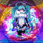  aqua_eyes aqua_hair bridal_gauntlets digital_dissolve hatsune_miku hatsune_miku_(append) long_hair navel necktie sio_(rough) solo thighhighs twintails very_long_hair vocaloid vocaloid_append 