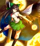  arm_cannon bad_id bad_pixiv_id black_wings brown_hair cape energy_ball long_hair outstretched_arm outstretched_hand red_eyes reiuji_utsuho skirt smile solo third_eye touhou tsuchifumazu weapon wings 