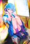  ayanami_rei blue_hair chair full_body headphones highres knees_up legs loafers neon_genesis_evangelion nerv osamu red_eyes ribbon school_uniform shoes short_hair sitting smile socks solo 