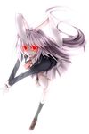  animal_ears black_legwear blazer bunny_ears finger_gun glowing glowing_eyes highres jacket kazetto long_hair necktie outstretched_arms pointing purple_hair red_eyes reisen_udongein_inaba running socks solo touhou very_long_hair 