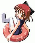  black_bow bow brown_eyes fang full_body hair_bow innertube kekyo kousaka_tamaki looking_back one-piece_swimsuit open_mouth paw_print red_hair school_swimsuit short_hair solo swimsuit thighhighs to_heart_2 white_background white_legwear younger 