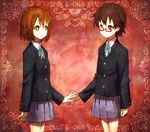  bad_id bad_pixiv_id brown_hair glasses hirasawa_yui holding_hands k-on! manabe_nodoka multiple_girls orange_eyes red-framed_eyewear red_eyes saiko_dagashi school_uniform semi-rimless_eyewear short_hair under-rim_eyewear 