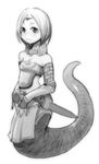  :3 copyright_request gauntlets greyscale jewelry lamia loincloth midriff monochrome monster_girl nanashin navel short_hair smile solo sword tiara weapon 