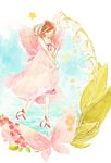  bad_id bad_pixiv_id brown_hair bug butterfly closed_eyes copyright_request dress fairy flower insect lily_of_the_valley minigirl pink_dress smile solo star utauinu_(saku) wings 