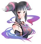  bangs bare_shoulders black_hair blunt_bangs blush breasts detached_sleeves drill_hair gloves halter_top halterneck han_juri iguana_henshuu-chou licking_lips looking_at_viewer purple_eyes simple_background small_breasts solo street_fighter street_fighter_iv_(series) tongue tongue_out twin_drills upper_body white_background 