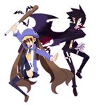  1boy 1girl backpack bad_id bad_pixiv_id bag baseball_bat bat black_hair blue_hat brown_eyes brown_hair cape collar disgaea gloves hat highres jacket kazamatsuri_fuuka long_hair makai_senki_disgaea_4 open_mouth pointy_ears red_eyes school_uniform serafuku short_hair skirt spiked_hair thighhighs twintails valvatorez_(disgaea) very_long_hair zettai_ryouiki 