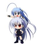  ahoge blue_eyes blue_hair boots chibi fingerless_gloves gloves hair_ornament hands_on_hips huge_ahoge long_hair lyrical_nanoha magical_girl mahou_shoujo_lyrical_nanoha mahou_shoujo_lyrical_nanoha_a's mitsuki_(mitsukitei) multiple_girls pointing red_eyes reinforce reinforce_zwei silver_hair simple_background single_hair_intake single_thighhigh thighhighs time_paradox white_background x_hair_ornament 